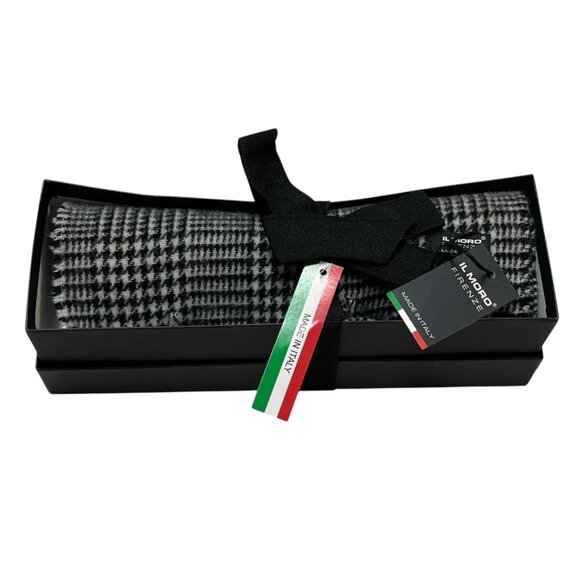 Il Moro Firenze Scarf Black Houndstooth Wool Fringe Made Italy Classic Preppy - Picture 2 of 10